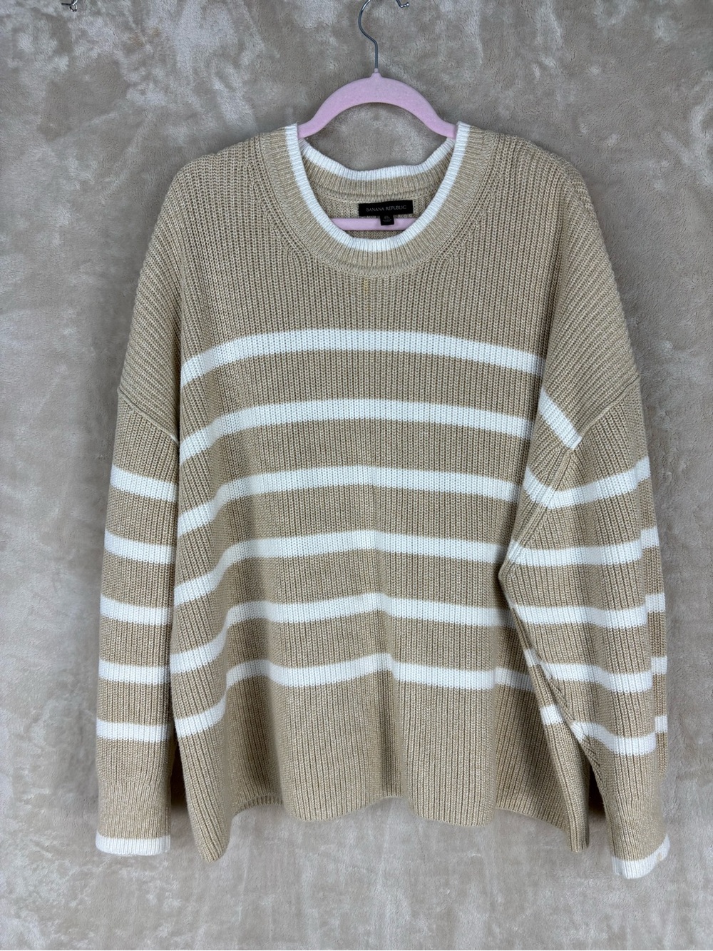 Banana Republic Tan & White Striped Crewneck Sweater
